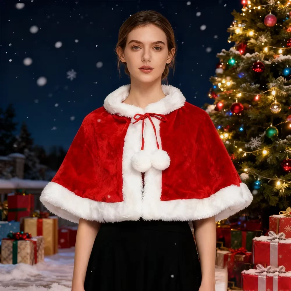 PESENAR Capa curta de Natal Capa de Natal com tema de Papai Noel Capa vermelha fantasia de Natal