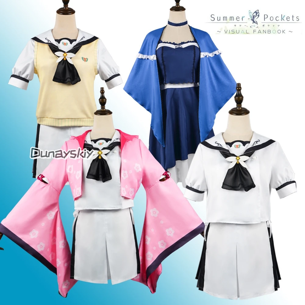 Anime Summer Pockets Naruse Shiroha Cosplay Costume Sweet Lolita Bow Dress Japanese Sailor Collar Slimming Short Dress for Women