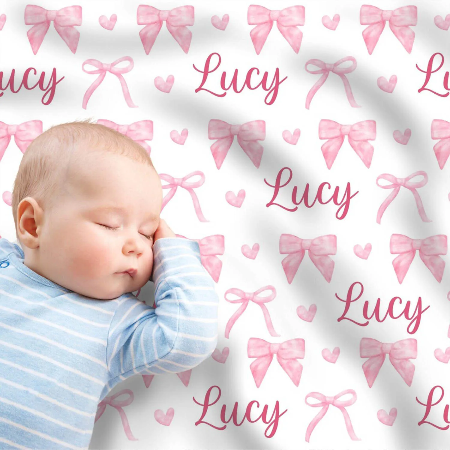 UOOPOO Personalized Name Pink Bow Baby Pillow Cover Set, Swaddle Set
