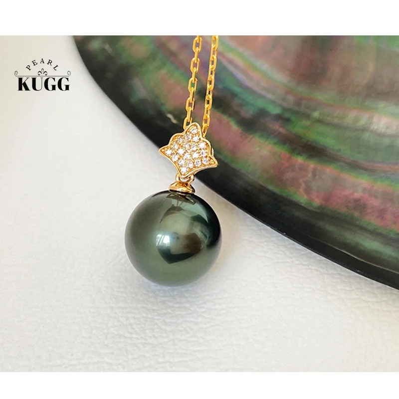 

KUGG PEARL 18K Yellow Gold Necklace 10-11mm Natural Tatihi Black Pearl Vintage Style Luxury Diamond Jewelry for Women Wedding