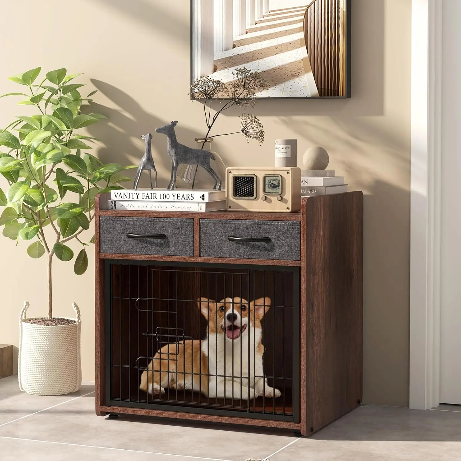 Meubles de caisse pour chien, table d'extrémité en bois, 2 égouts de proximité de stockage, porte verrouillée, maison pour animaux de compagnie, chenil intérieur