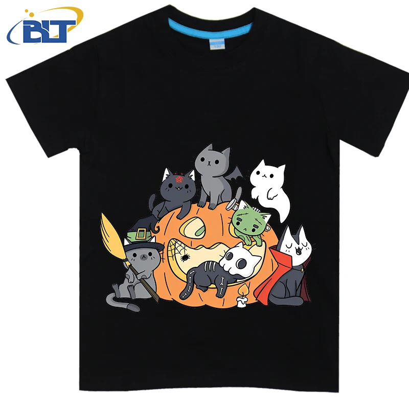 T-shirt d'Halloween à Manches Courtes en Coton pour Enfant, Vêtement Décontracté, Imprimé de Chatons, Adapté aux Garçons et aux Bol, Collection d'Été