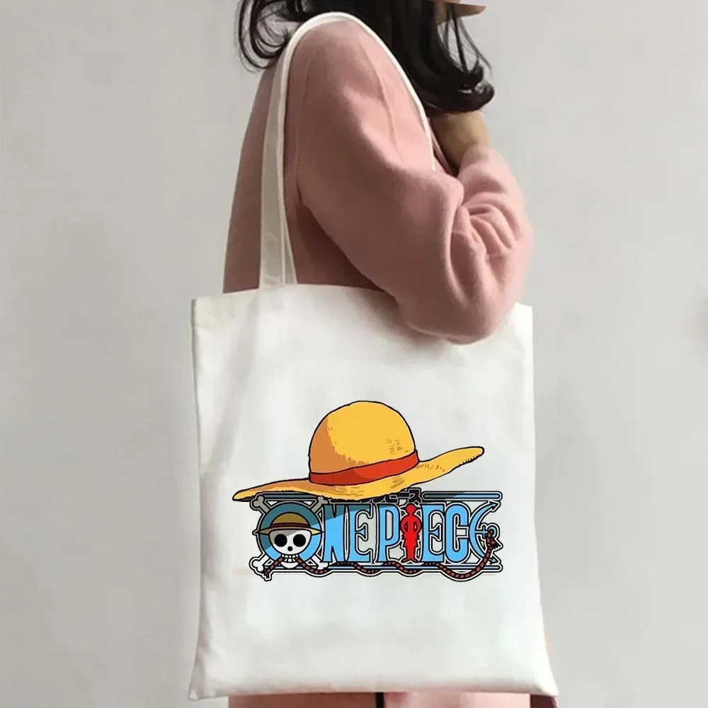 Large Capacity Beach Bag Reusable Shopper Handbags Anime One Piece Monkey Cute Luffy Zoro Tote Bags Shopping Canvas Bag