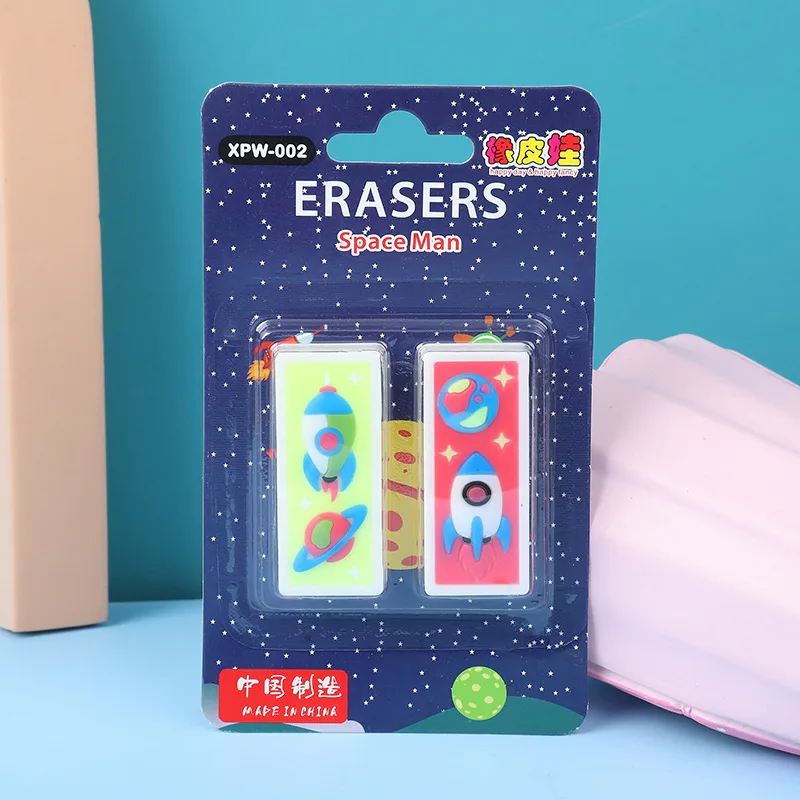 2Pcs/set Erasers Cartoon Rocket Alien Space Eraser for Kids