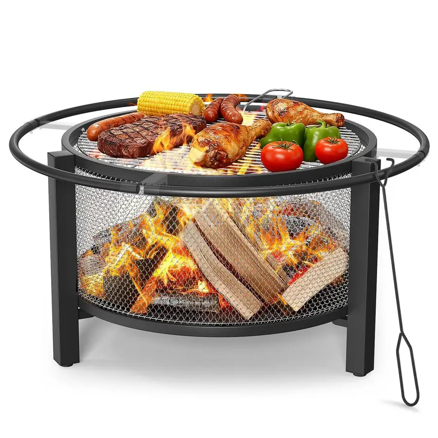 

Уличный очаг 2-в-1 с грилем, 32 дюйма, для приготовления пищи, с дровницей, для барбекю, костра, пикника, вечеринок, круглый, металлический