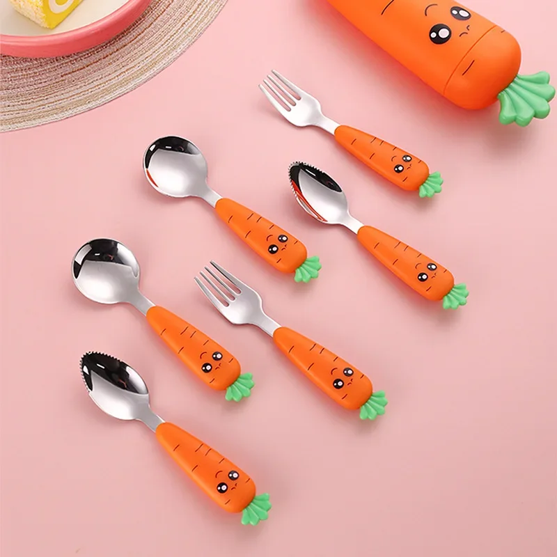 Baby Feeding Utensils Cartoon Carrot Fork Spoon Children Cutlery Set Children\'s Eating Cutlery Kitchen Gadgets Fork Teaspoon Box