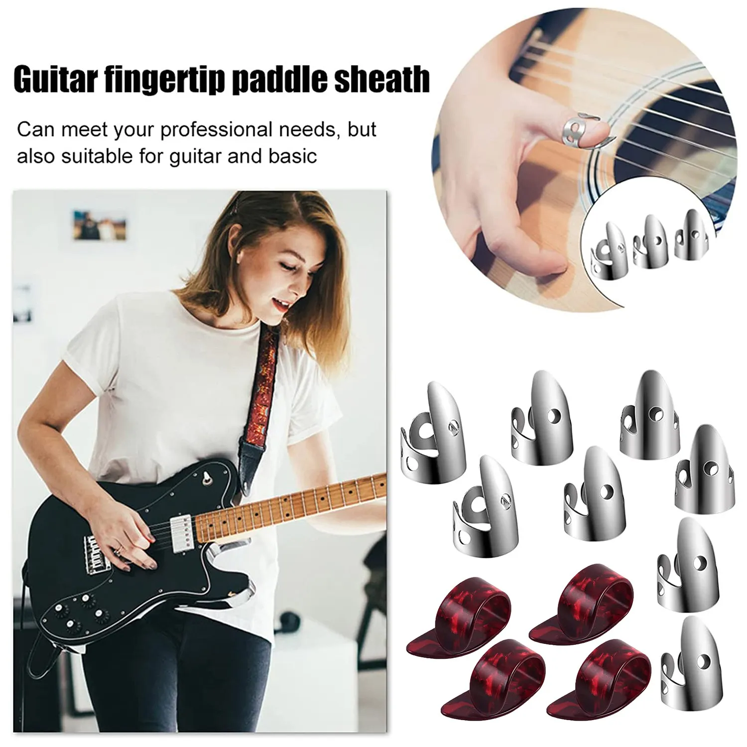 Juego de púas de dedo ajustables que incluyen 8 púas de dedo de acero inoxidable 4 púas de pulgar de plástico para guitarra Banjo