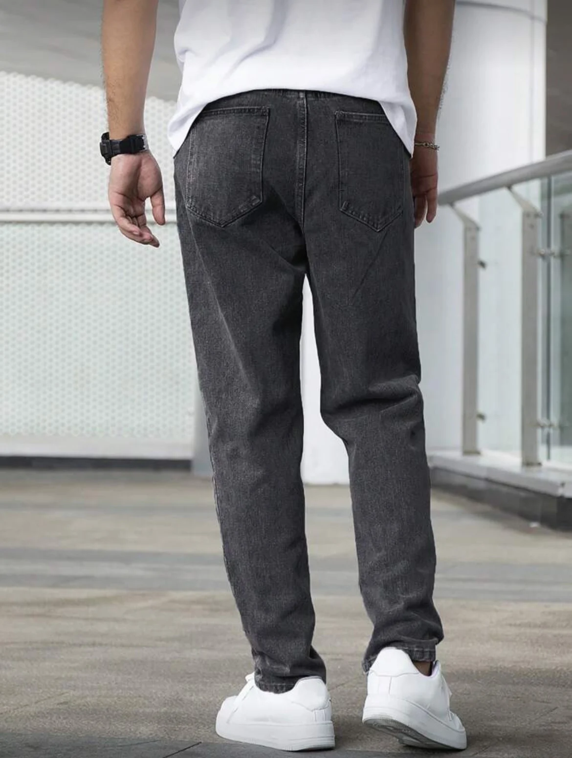جينز مستقيم فضفاض للرجال، رمادي غامق عتيق مغسول، ملابس يومية غير رسمية، مريح ومتعدد الاستخدامات، جميع المقاسات
