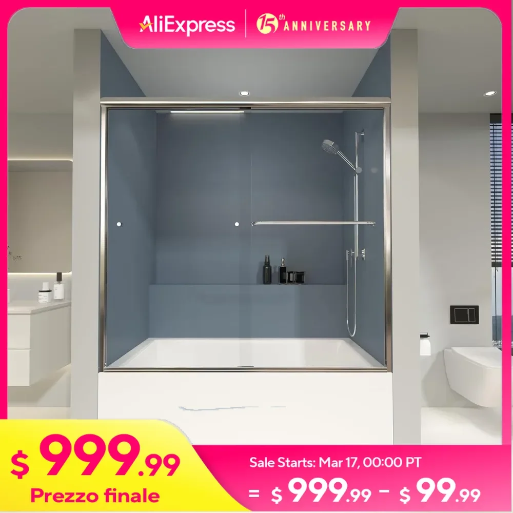 Shower Door, 60 in. W X 57 in. H, Double Sliding Bathroom Showers Doors, Clear Tempered Glass, Chrome Finish, Tub Shower Door