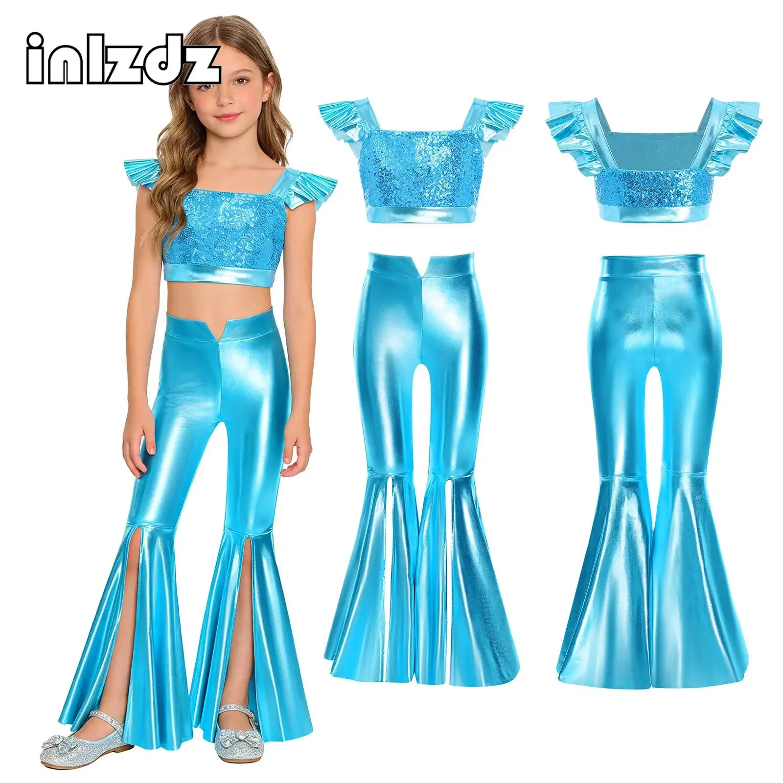 Girls Jazz Disco Dance Outfit Tassels Shiny Sequins Crop Top Metallic Bell-bottom Pants Movie Character Princess Hippie Costume