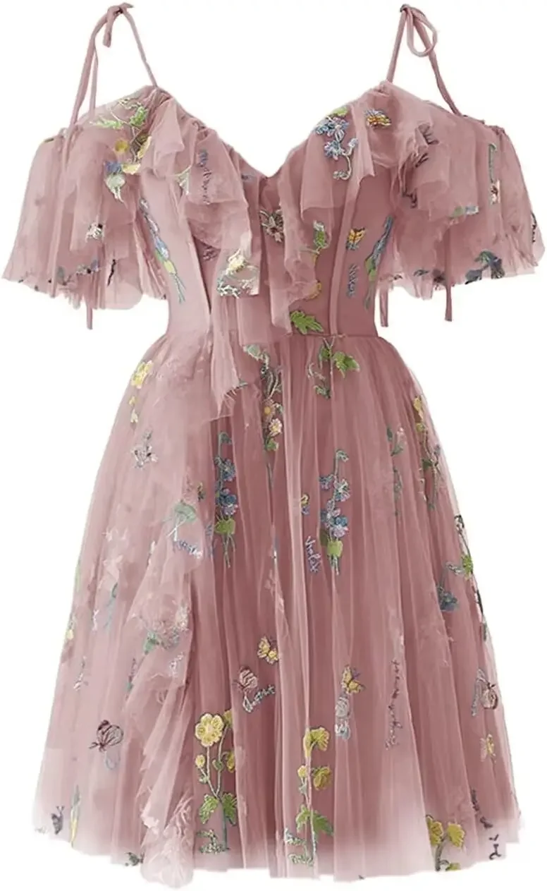 

Custom Made Flower Embroidery Homecoming Dresses For Teens Short Ruffle Tulle Mini Prom Party Gowns Evening Dresses Graduation D