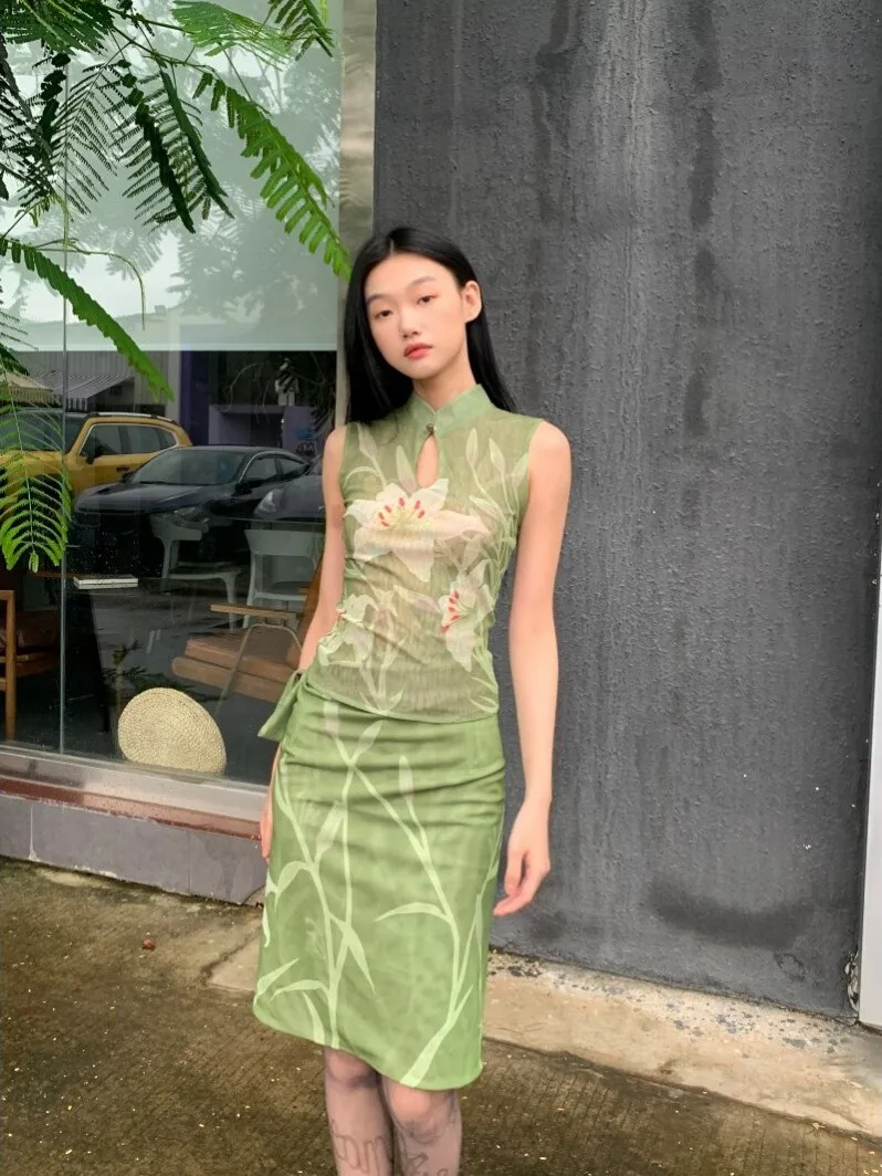 

New Chinese Sle Peach Blossom Aesthetic Artistic Slimming Lily Flower Print Double Sided Wear Qipao Skirt Two Piece Set Wom...