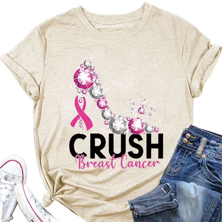 Summer crew-neck short-sleeved T-shirt crush breast cancer print loose casual women's top with all fashion new pullover