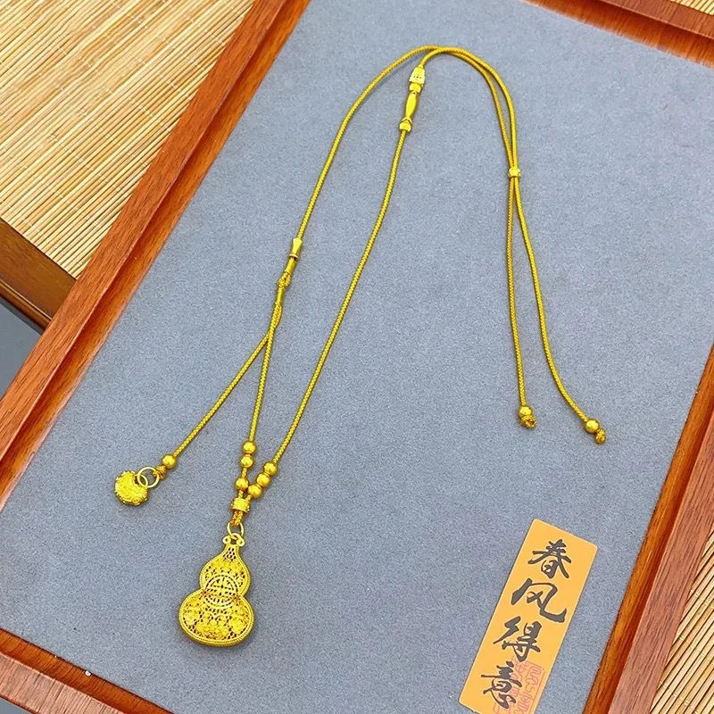 Light luxury 24K real gold Chinese style hollow gourd au999 gold peony lock fringe sweater chain necklace women's accessories