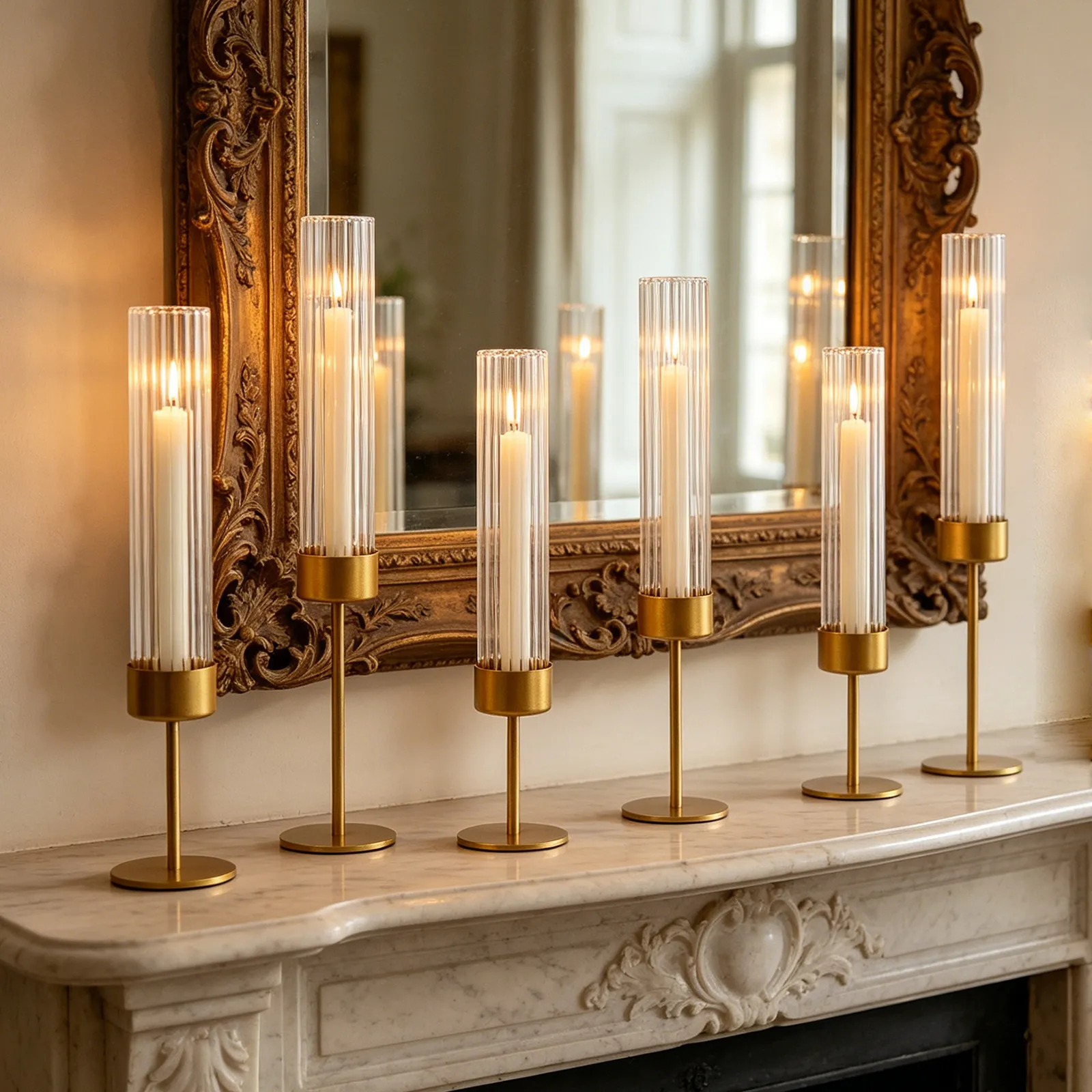 Gold Glass Hurricane Taper Candle Holders Bulk Set Of 6 - Cylinder Candlestick Holders For Wedding,Party Table Centerpiece Decor