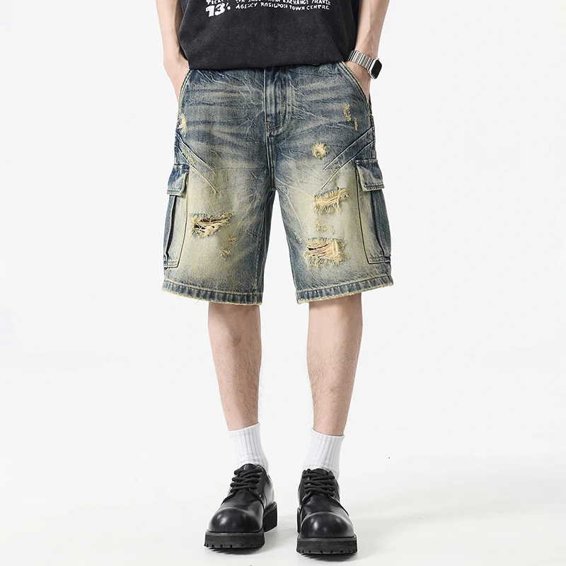 

Men Retro Multi Pocket Washed Distressed Denim Shorts Male Loose Straight Fit Streetwear Five Point Casual Daily Cargo Shorts