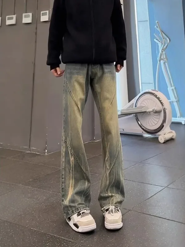 

Мужские джинсы в стиле ретро, синие, с эффектом тай-дай, прямого кроя, слегка расклешенные, в американском уличном стиле, повседневные, свободного кроя