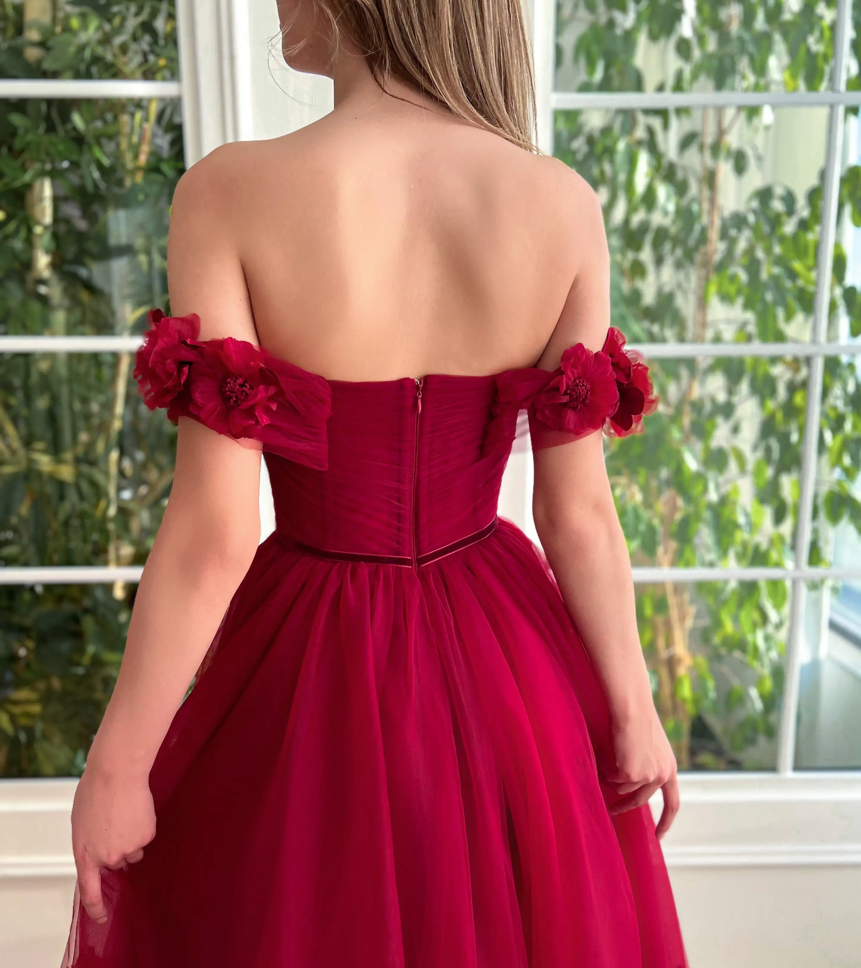 Teens Crimson Cherry Off Shoulder Graduation Dress Long 3d Floral Corset Tulle Homecoming Party Gown For Special Occasions