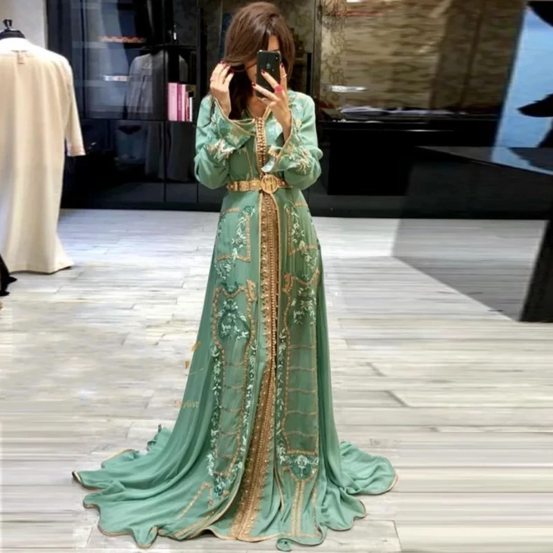 

Turquoise Moroccan Kaftan Muslim Evening Dresses A-line Long Sleeves Appliques Dubai Arabic Turkey Caftan Abaya Islamic Gown