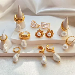New Trendy Baroque Pearl Dangle Earrings for Women Gold Plated Round Circle Hoop Earrings Statement Eardrop Creative Jewelry