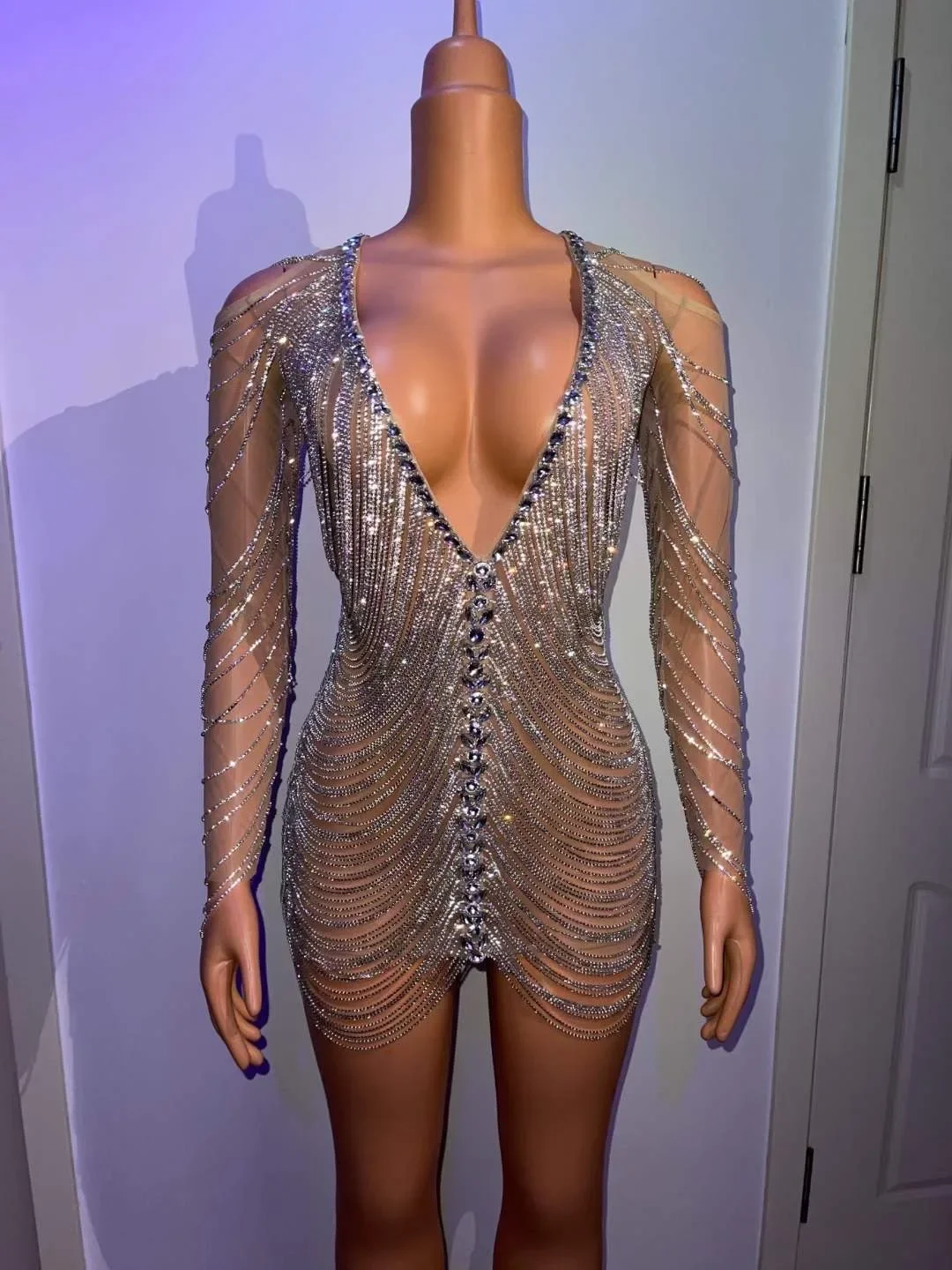 

Nude Dress Women Rhinestone Drag Queen Outfit Nightclub Shinning Stage Wear 2025 Deep V Sexy Backless