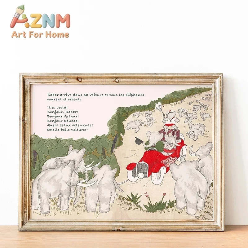 AZNM Vintage Elephant Driving Red Car Canvas Wall Art Retro Storybook Illustration Art Print Unframed Canvas Poster for Kids Bed