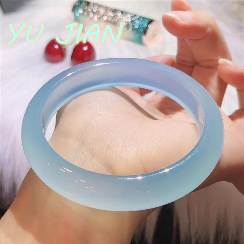 

Natural Original Ecological Bracelet Sky Blue Flat BarRound Chalcedony Jade Jewelry Bangle