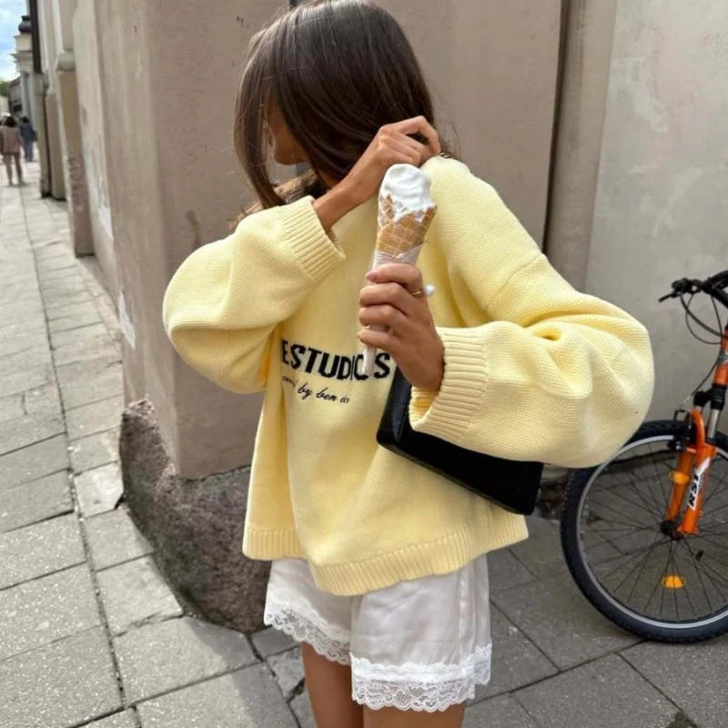

Autumn Winter Solid Long Sleeve Sweater Vintage Butter Yellow Sweaters Women Elegant Casual Oversize Knitted Pullover
