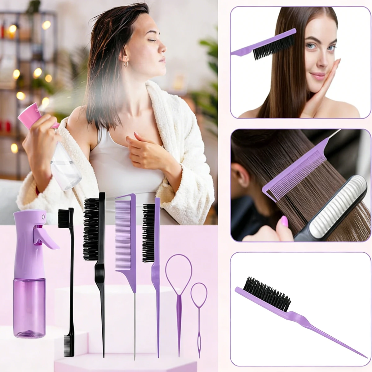 Hairdressing Tool Set 200ml Spray Bottle 6-Piece Set Home Use Girls' Hair Styling Tools