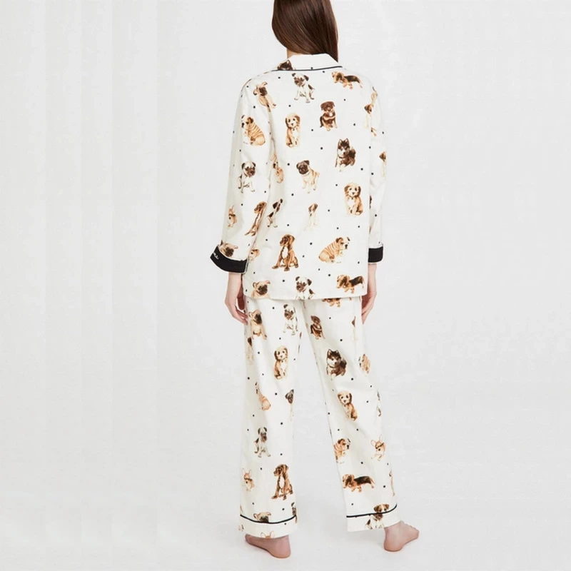 Women Pajamas Set Soft Cotton Cartoon Dog Printed Pyjamas Long-Sleeved Trousers Suit Simple Style Lovely Home Wear PJS Female