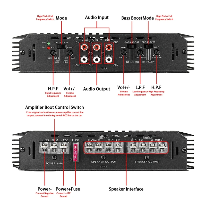 차량용 오디오 휴대용 파워 앰프, 6800W 4 채널, 4 웨이 앰프, USB FM 라디오, TF 플레이어, 스피커용 DIY 서브우퍼