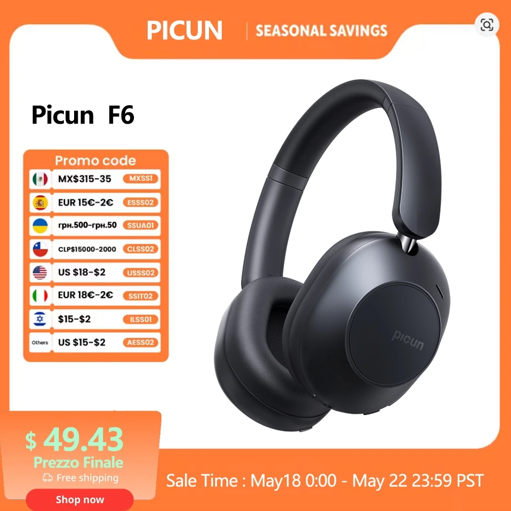 Picun-Casque sans fil à suppression active du bruit F6, suivi de la tête, audio 3D, ANC haute résolution 40mm, casque Bluetooth, contrôle par câble HIFI