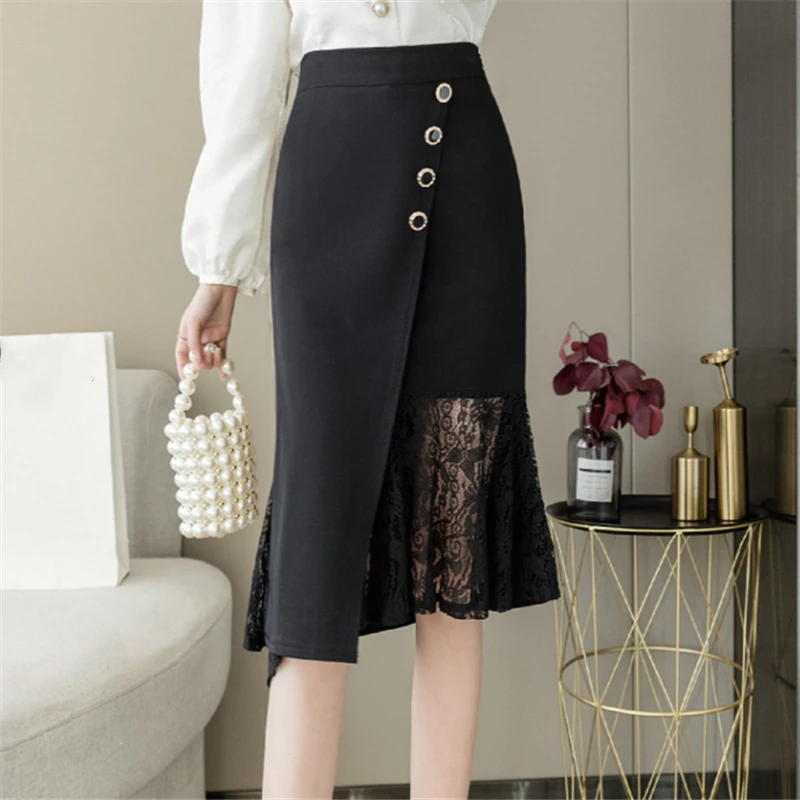 Seoulish-Saias femininas irregulares para lápis, cintura alta, patchwork de renda, saias de escritório, clássicas, femininas, pretas, novo, 2022, bainha
