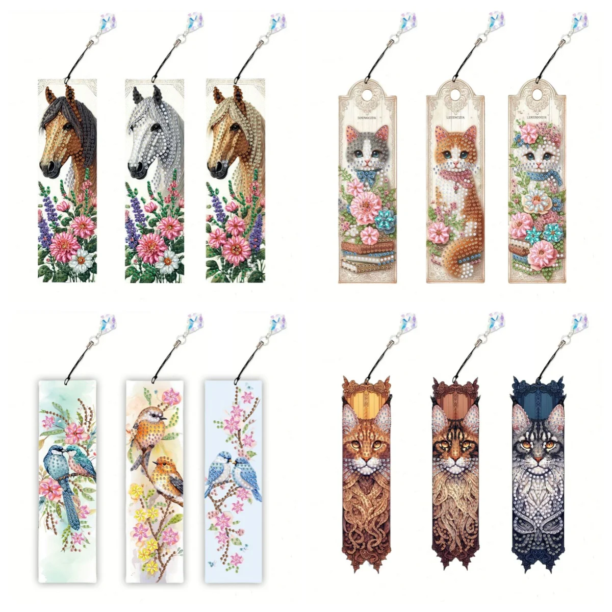 DIY Diamantmalerei PET-Material Tier- und Blumenmuster Diamantmalerei Lesezeichen-Set 3-teiliges Set - 19,5X5,8cm