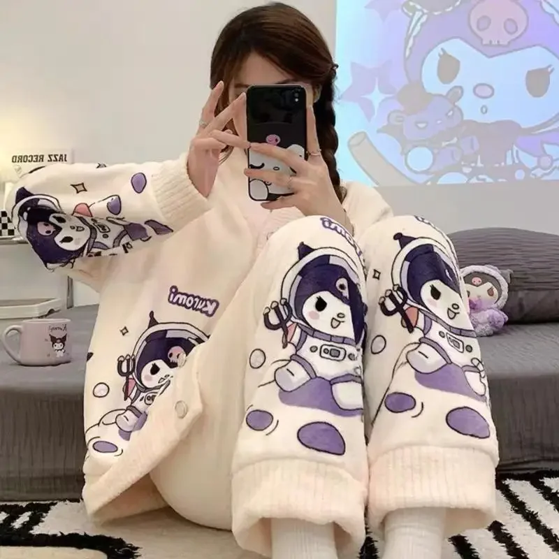 Kawaii Hellokitty Autumn Winter Pajamas Women's V-Neck Cardigan Cute Cartoon Plus Velvet Thickened Flannel Suit Casual Home Wear