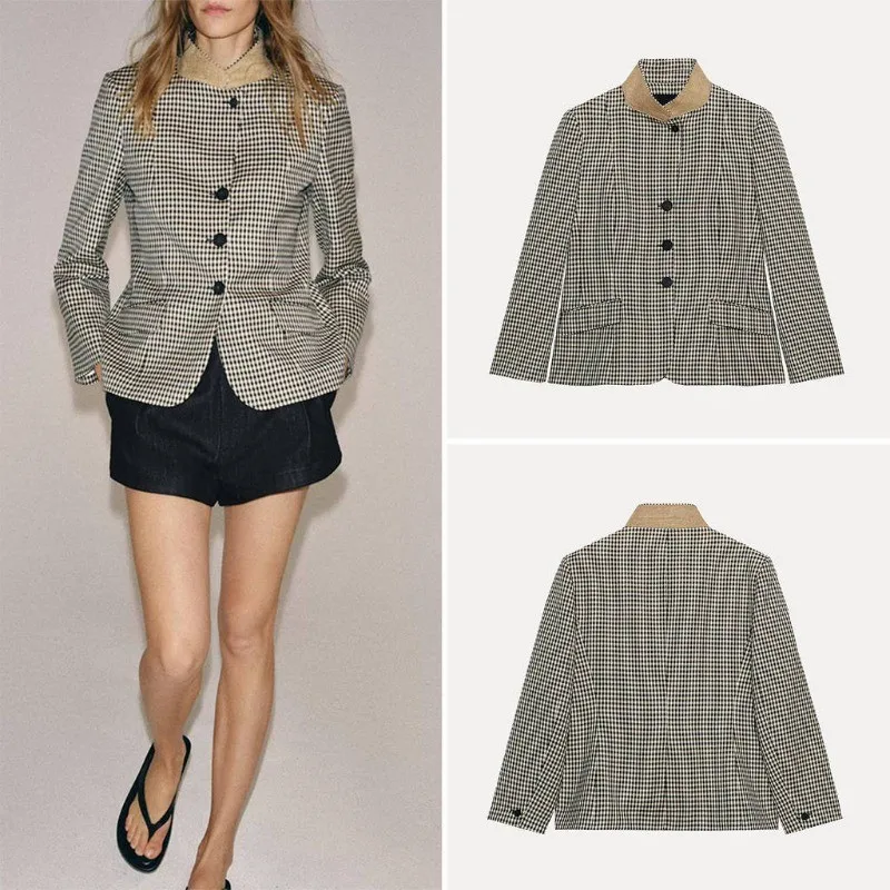 

Gingham High-Neck Blazer Slim Fit Notch Lapel Single-Breasted Button Vintage Street Style Spring Autumn Jacket