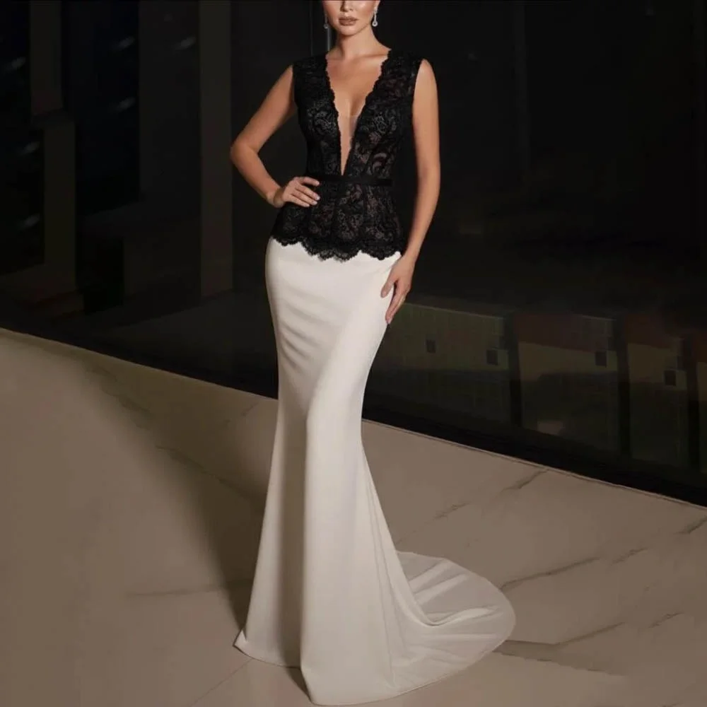 

Customized Exquisite V-neck Mermaid Evening Dress Charming Lace Applique Prom Dress Sleeveless Party Gown вечернее платье