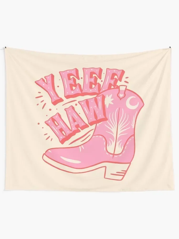 YEEHAW Pink Cowboy Space Cowgirl Rodeo Boot Preppy Aesthetic HOWDY Y'ALL White Background Tapestry Home Supplies Tapestry