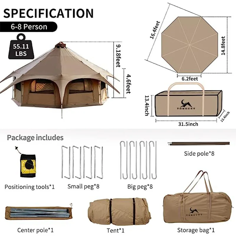 Outdoor Cotton Canvas Camping Tent, Rainproof Large Yurt, Park Tent, 4 Seasons