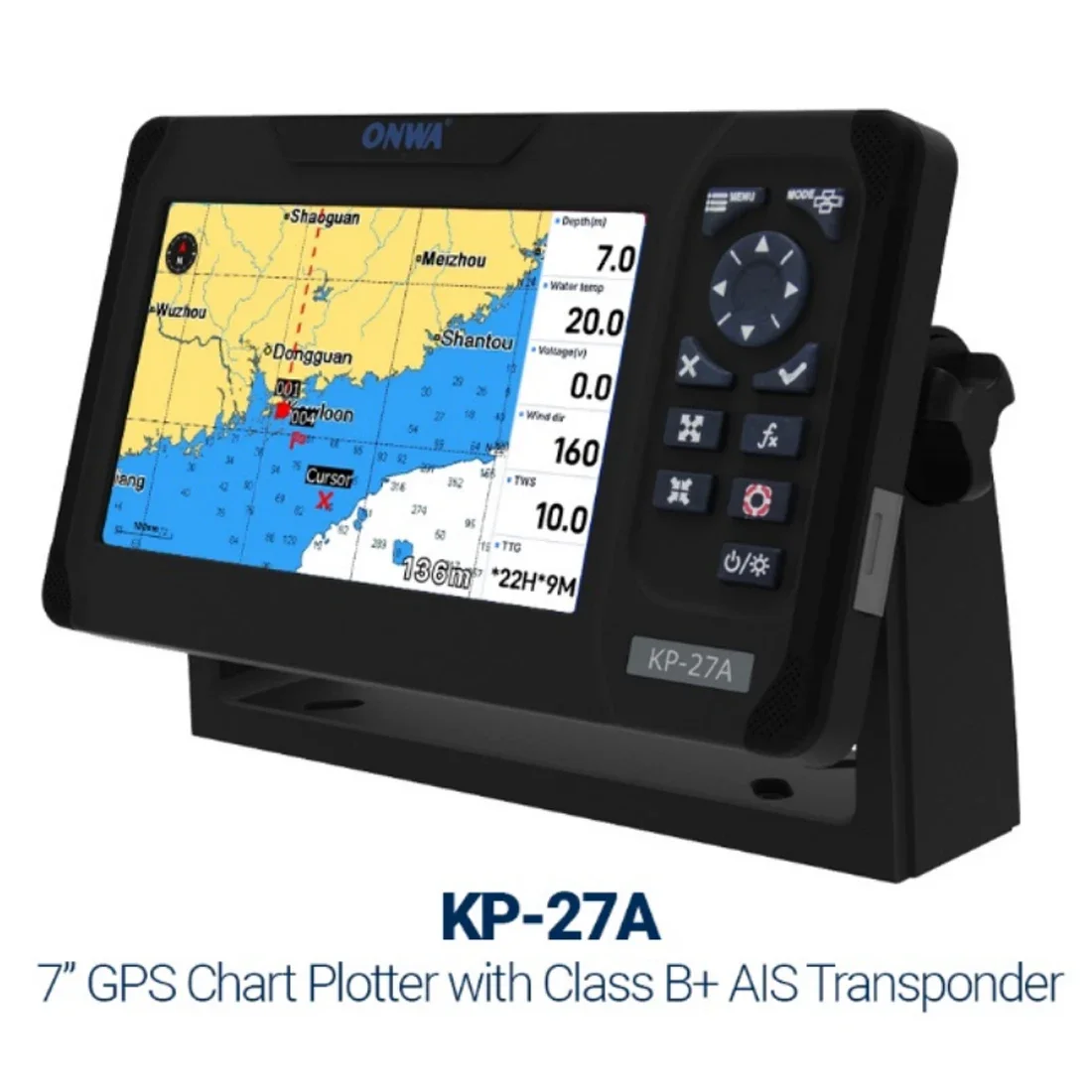 ONWA KP-27A 7-inch Color LCD GPS Chart Plotter with GPS Antenna and Built-in Class B+ AIS Transponder Combo Marine GPS Navigator