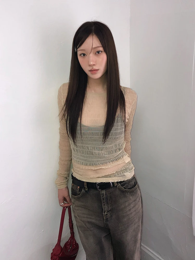 

Женская кружевная футболка Long Sve Base Layer irt сложенная 3D текстура Ins Sle Korean Sweet Sle из полиуретанового эластичного волокна