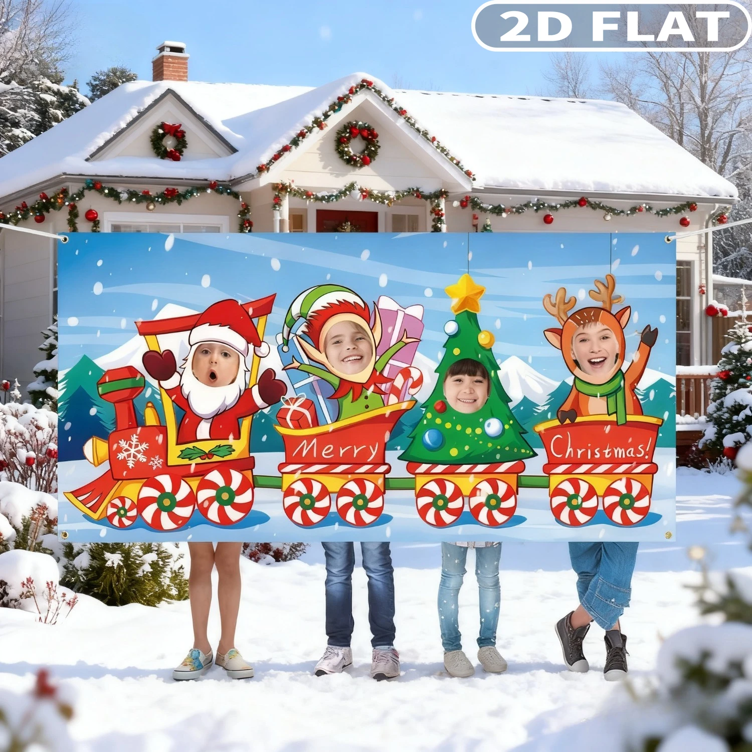 1pc Christmas Face in Hole Banner, 90x180cm Polyester Christmas Train Elves Santa Claus Face Cutout Photo Props, Playful Banner