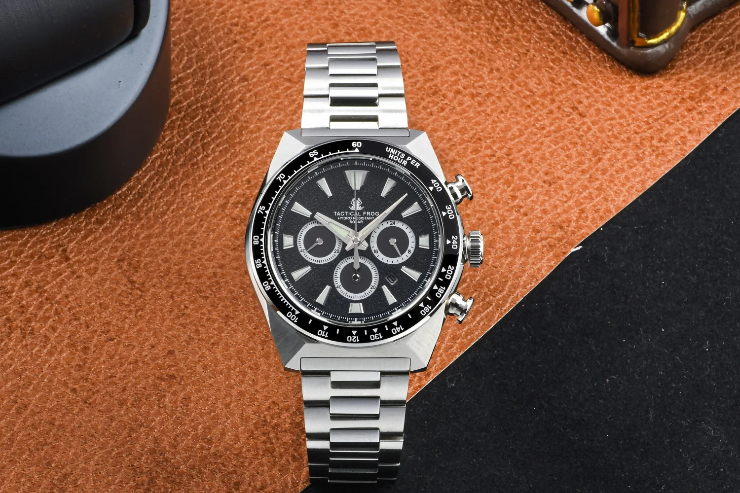 Tactical Frog 43mm Men\'s Timing Watch VS75 Solar Quartz Movement Sapphire C3 Luminous Stainless Steel Chronograph Watches