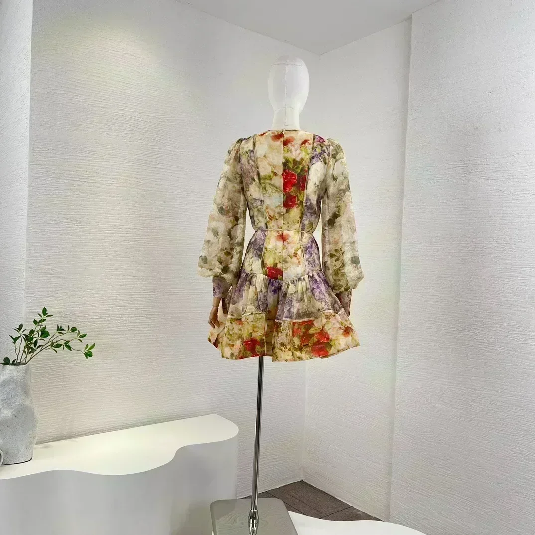 High Quality New Spring Summer 2023 Linen Silk Multi Floral Spliced Lantern Sleeve Appliques Belt Women Mini Dress