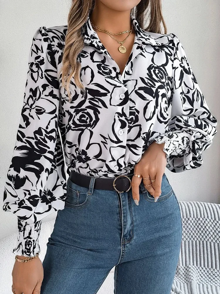 

Female Elegant Single Breasted Shirt Women Casual Long Sleeve Top Spring Autumn Office Lady Print Tops Clothes