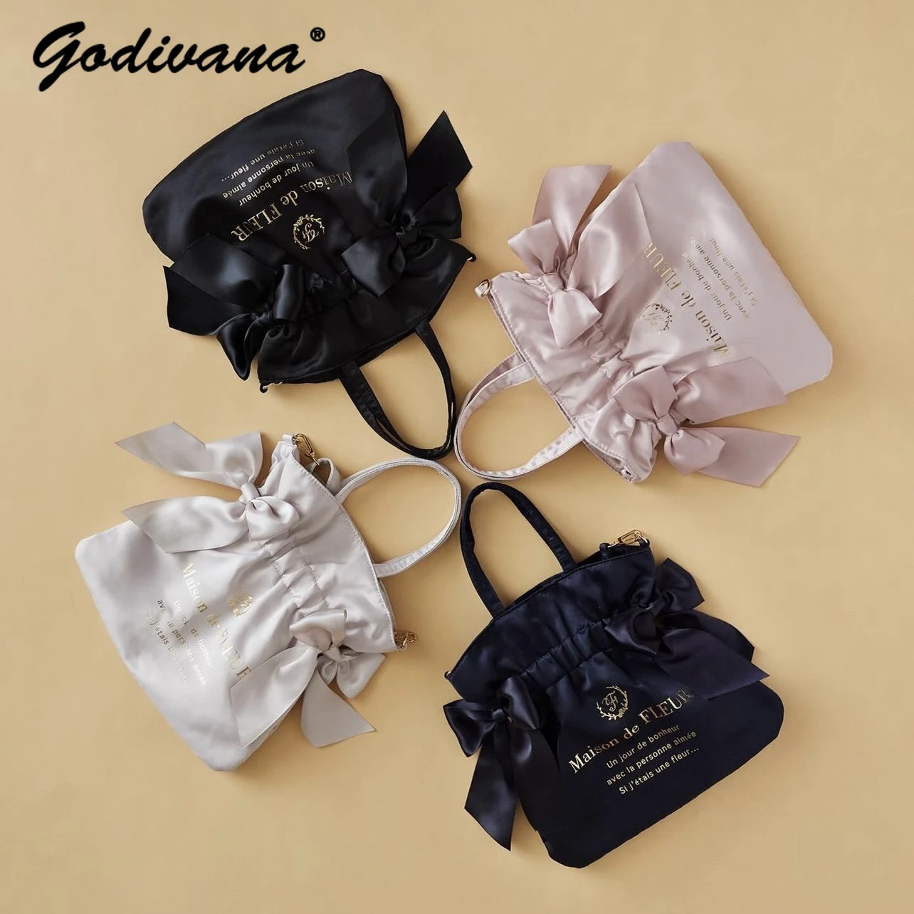 Japanese Style Cute Satin Silk Double Bow Messenger Bag Bronzing Letters Drawstring Shoulder Bag Girl Women\'s Soft Handbags