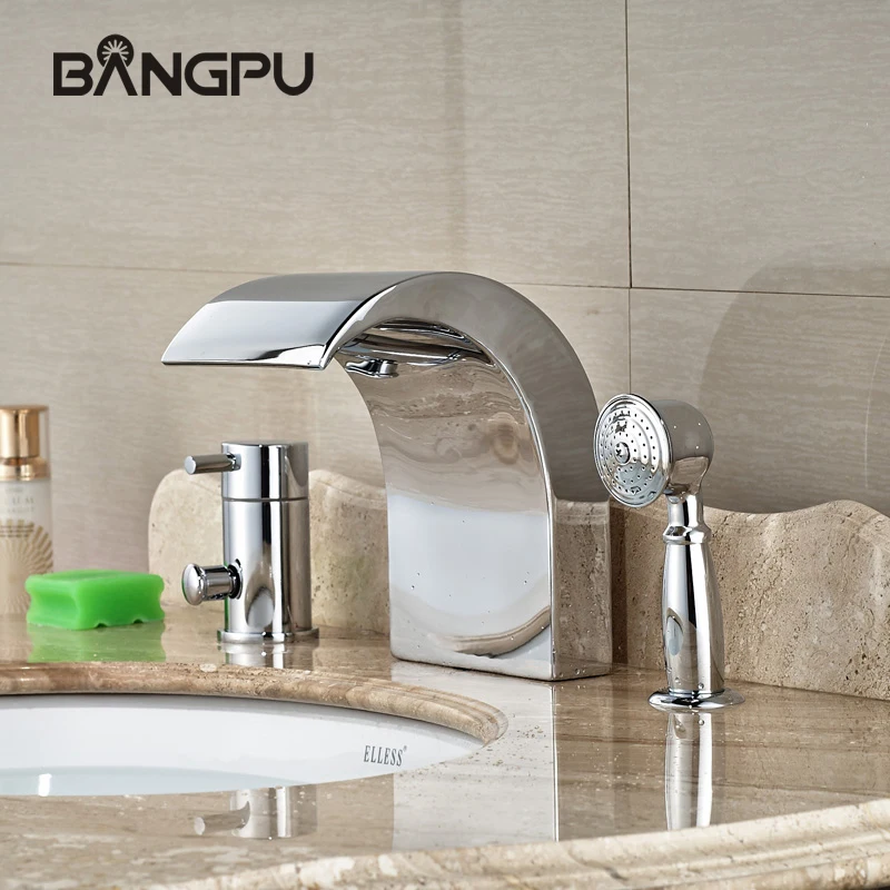 

Roman Bathtub Faucet Kit Deck Mount Waterfall Tub Faucet with Handheld Shower Modern 3 Hole Waterfall Bath Tub Faucet Set Chrome