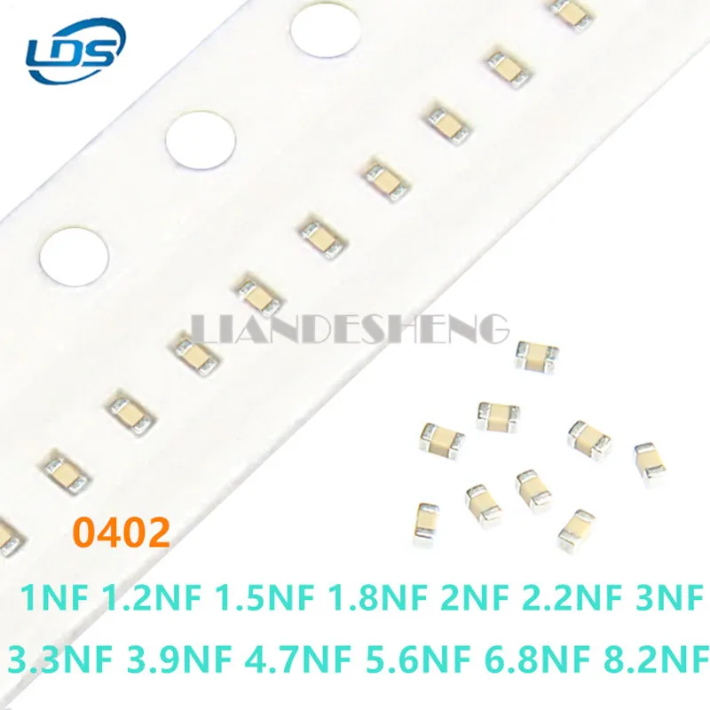 

100pcs SMD Ceramic Capacitor 0402 1nF 1.2nF 1.5nF 1.8nF 2nF 2.2nF 2.7nF 3nF 3.3nF 3.9nF 4.7nF 5.6nF 6.8nF 8.2nF