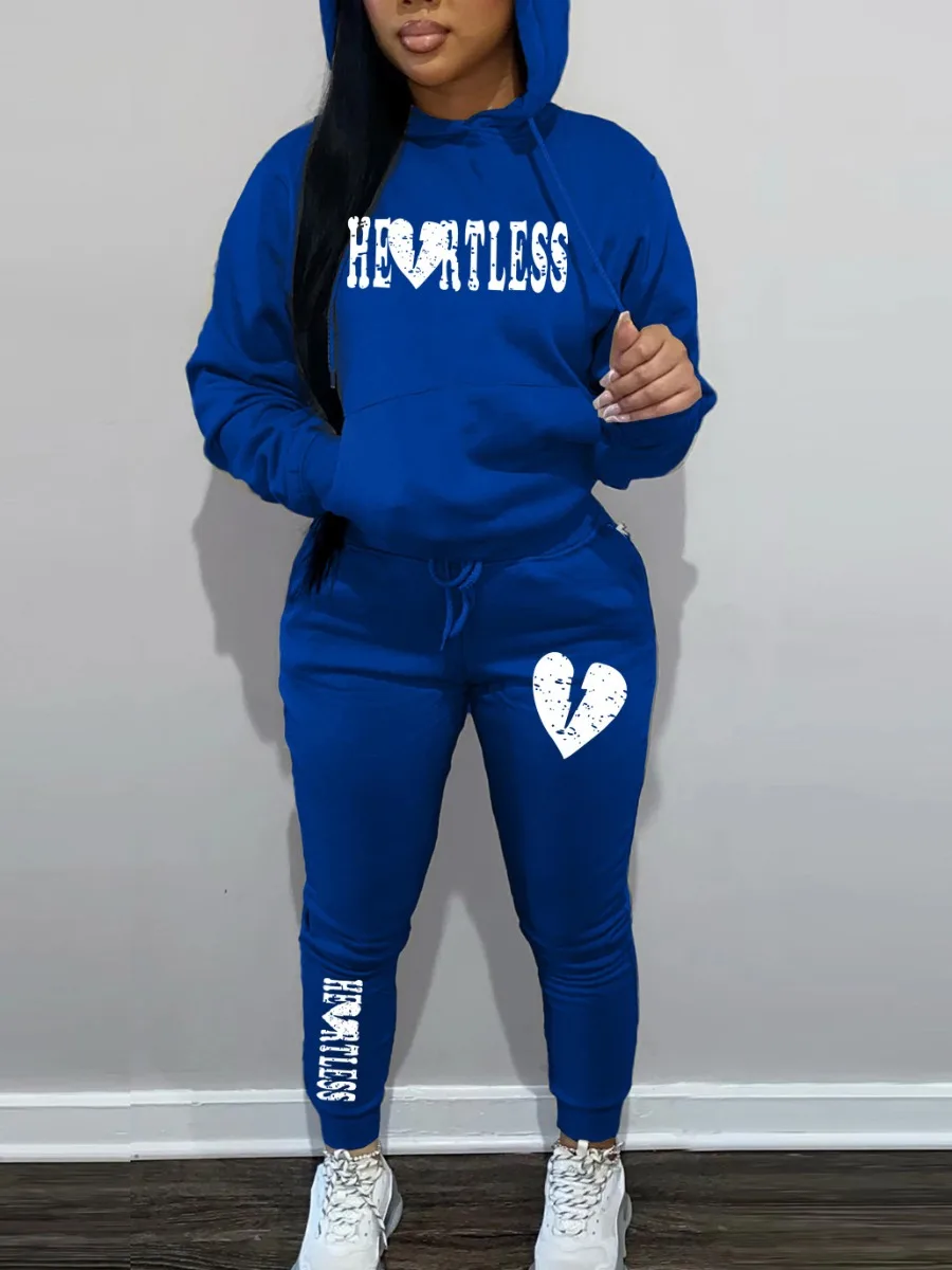 

LW Cartoon Letter Heart Print Kangaroo Pocket Tracksuit Set Long Sleeve Hoodie+Sporty Sweatpants Women 2 Pieces Matching Suits