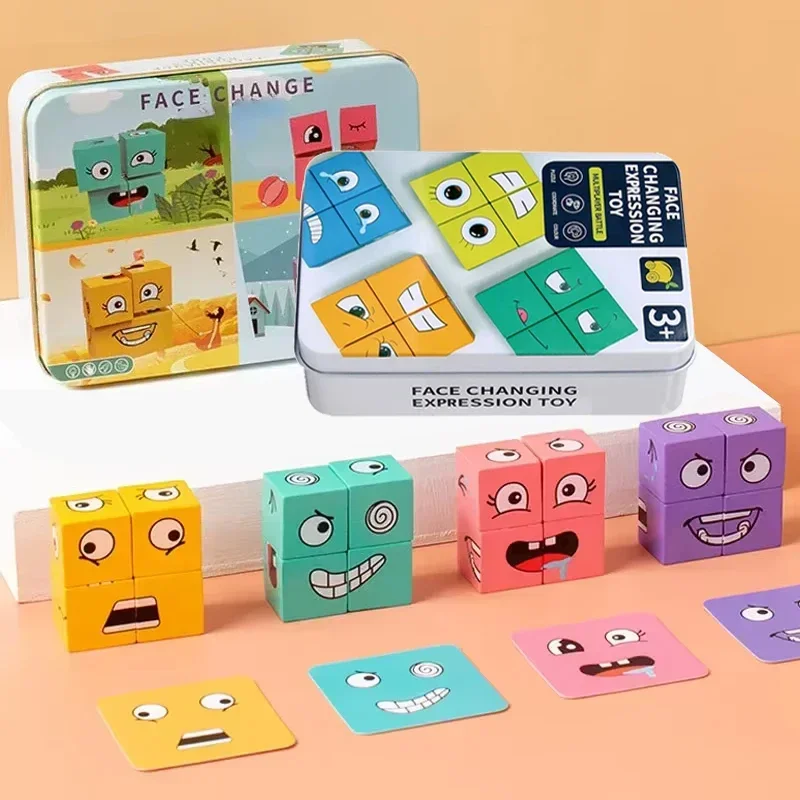 1 Set Kids Montessori Toys Wooden Face Expressions Changing 3D Puzzles Parent-Child Interactive Games